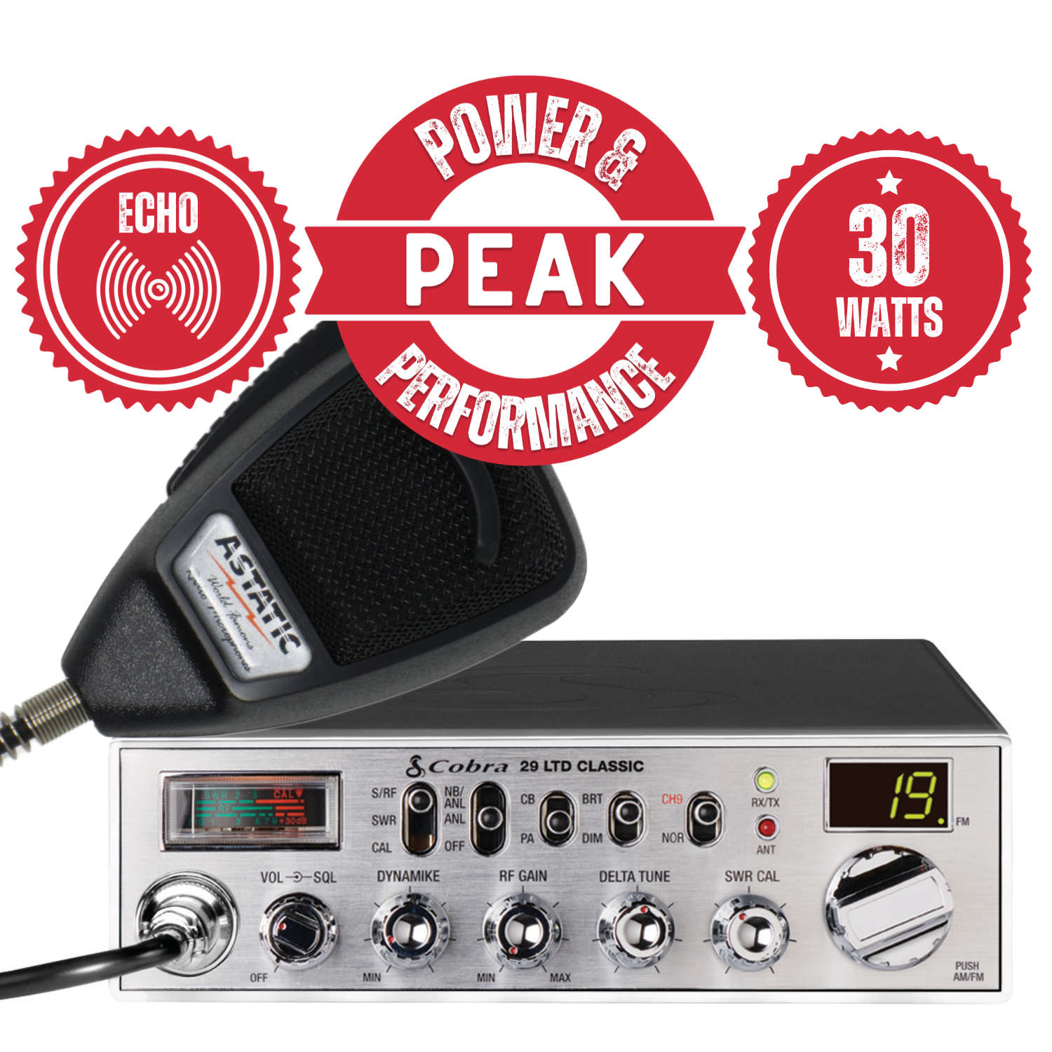 Cobra 29 LTD Classic CB Package - Astatic mic + Peak, Echo