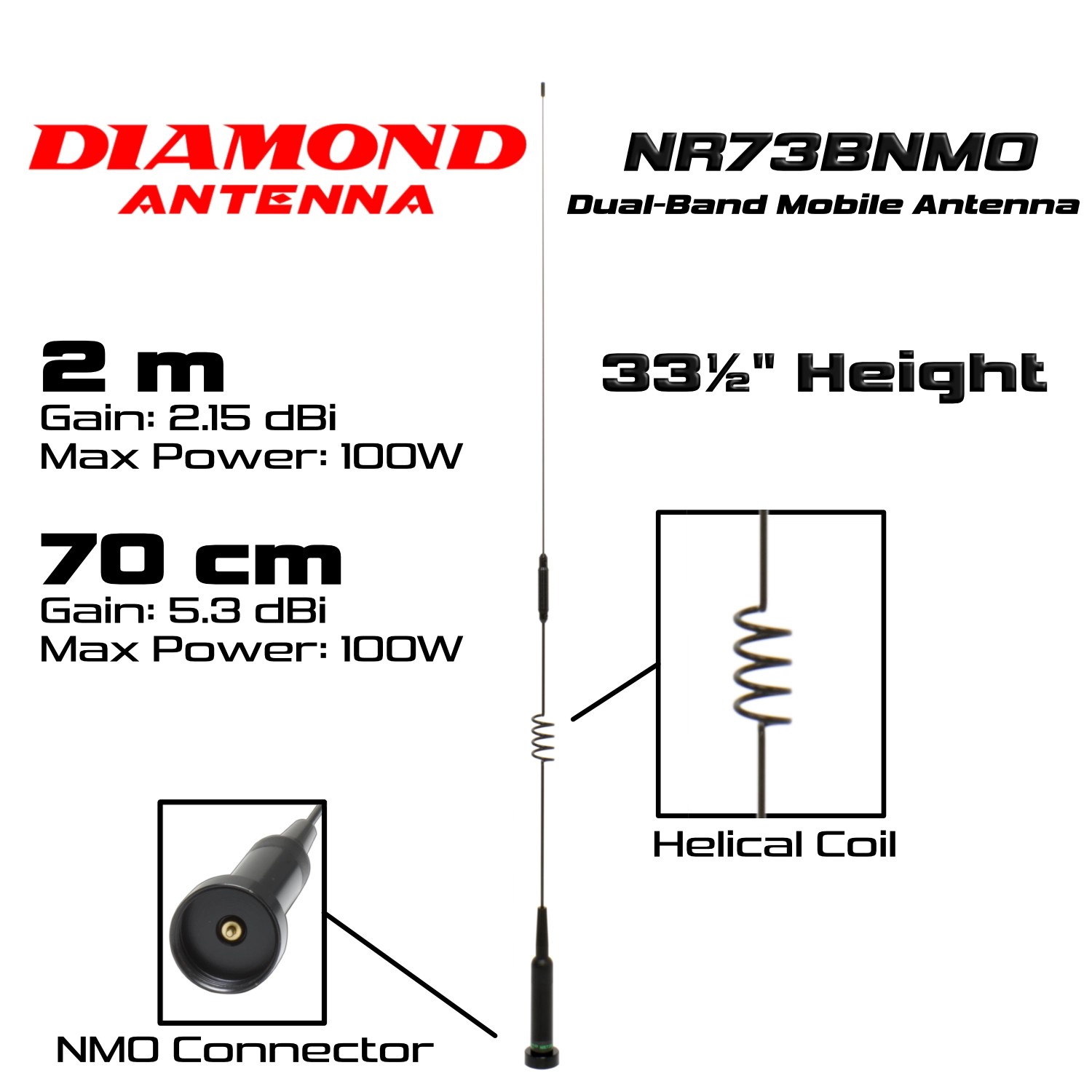 Diamond NR73BNMO Dual Band Antenna – 2m/70cm, NMO Mount