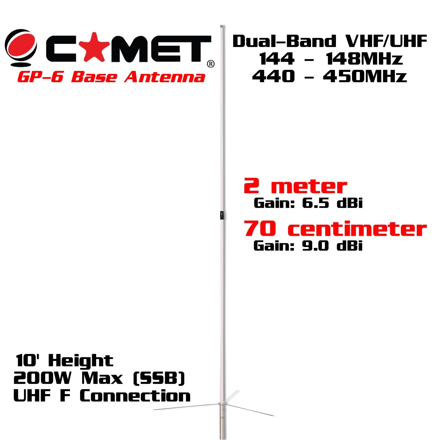 Comet GP-6 High Gain Dual Band 2M / 70cm Base Antenna - 10ft