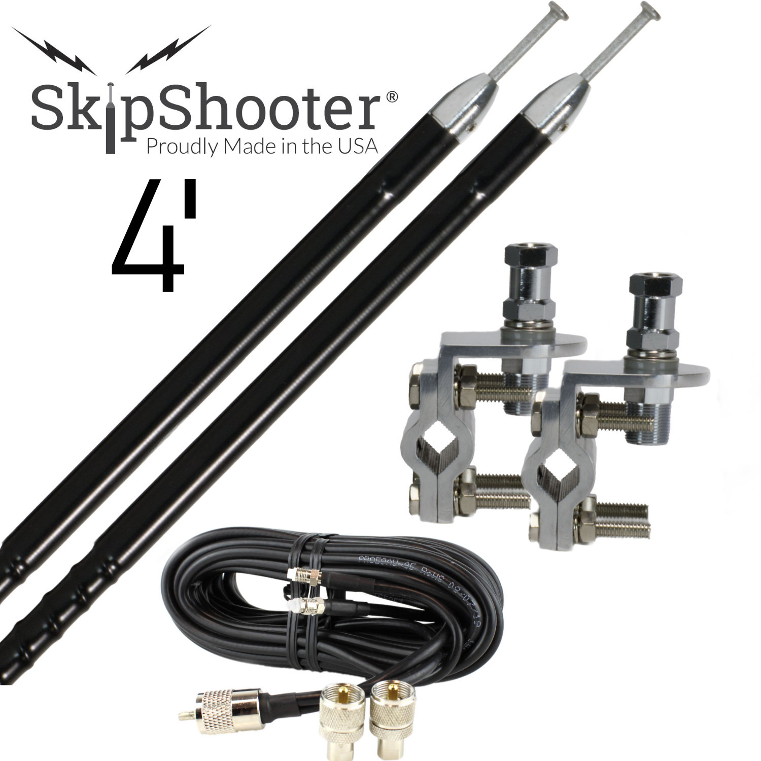 Dual CB Antenna Kit - 2 Skipshooter Antennas, Mounts, & Coax