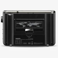 Back of the Sangean ATS-909 showing the battery compartment, pop-out stand, and telescopic antenna