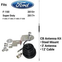Complete CB Antenna Package for Ford F-150 ('15 - '26) F250, F350, F450, F550 ('17 - '26)  | Metal Whip CB Antenna, Fender Mount, &amp; Cable