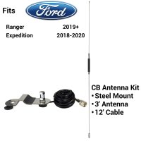 Antenna Package for Ford Ranger ('19-'23) & Expedition ('18 - '24) - Includes 3' Whip CB Antenna, Steel Fender Mount & 12' Coax Cable