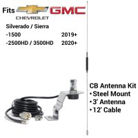 Complete CB Antenna Kit with 3' Steel Whip for Silverado/Sierra 1500 2019+ & 2500/3500HD 2020+