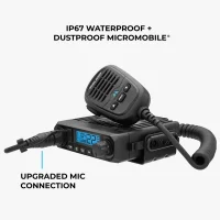 Infographic for the Midland MXT115 Pro mentioning the IP67 dustproof / waterproof ratings and an upgraded microphone.