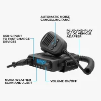 Infographic of the features of the Midland MXT115P radio including noise cancelation,  NOAA weather scan, and USB-C connection