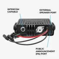 Back of the Midland MXT115P GMRS two way radio showing the antenna connector, power cord, external speaker / PA speaker plugs, and intercom connection