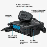 Infographic showing the features of the MXT500 such as Automatic Noise Canceling, USB-C Charging Port, and IP66  waterproof and dustproof rating