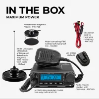 Infographic of what's  in the box of the MXT500, showing the magnetic antenna, microphone, power cord, mounting bracket, and mic holder.