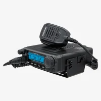 Angled view of the Midland MXT500 mobile GMRS radio shown in its mounting bracket