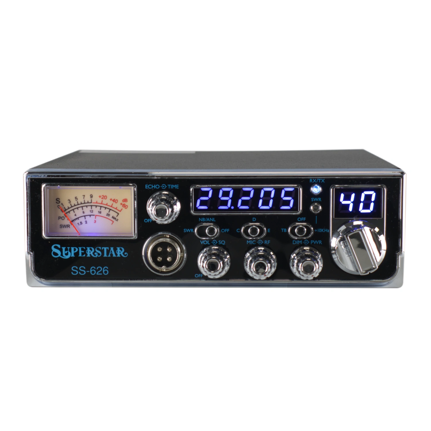 superstar ss-626 10 meter radio faceplate view with blue LED channel display and frequency counter