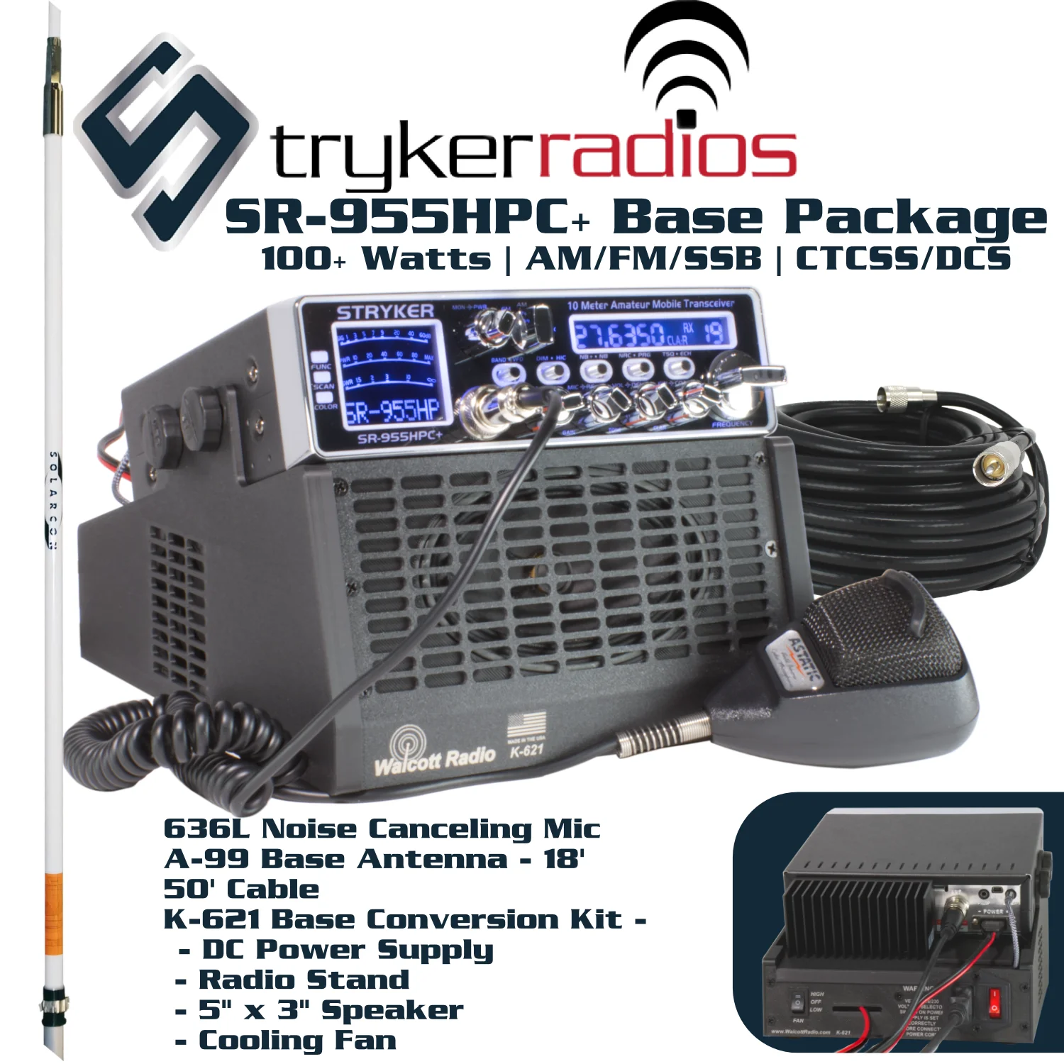 Stryker SR-955HPC+ Base Station Package - 636L Noise Canceling Mic, Custom Radio Stand / Power Supply, A99 Base Antenna, and Cable