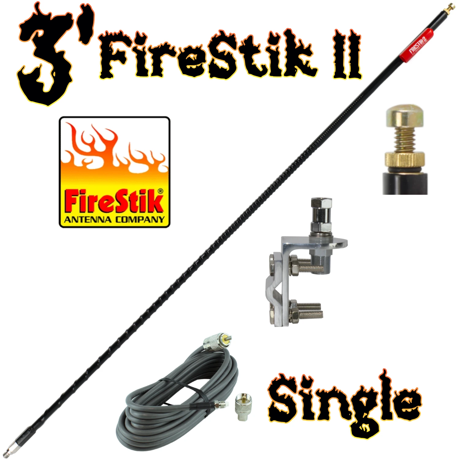 Complete CB antenna system featuring a 3 Firestik antenna (black), mirror mount, and 18 foot coax with removable pl-259 connector
