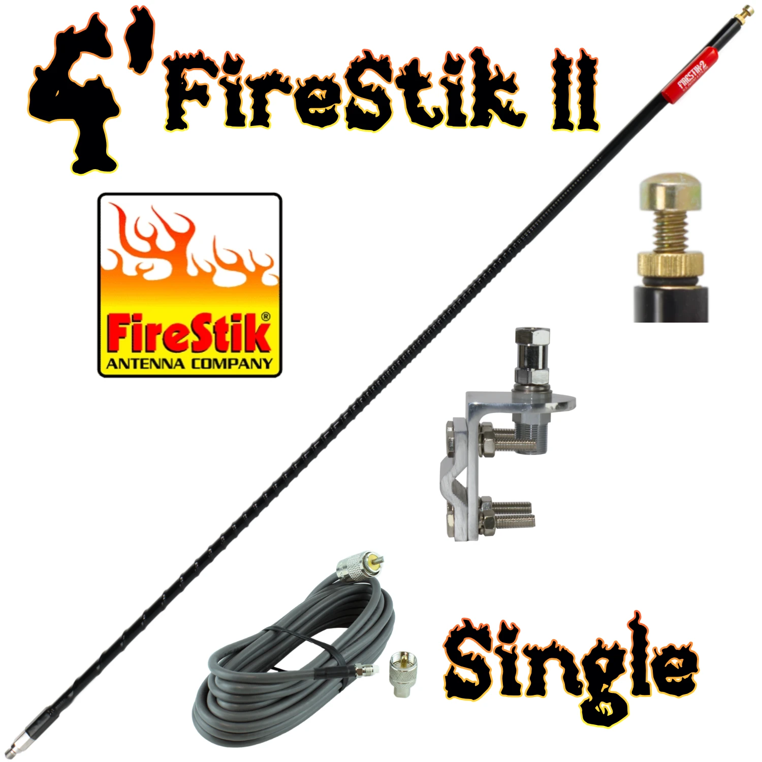 CB antenna kit with 4 Firestik II, mirror mount, and 18 cable