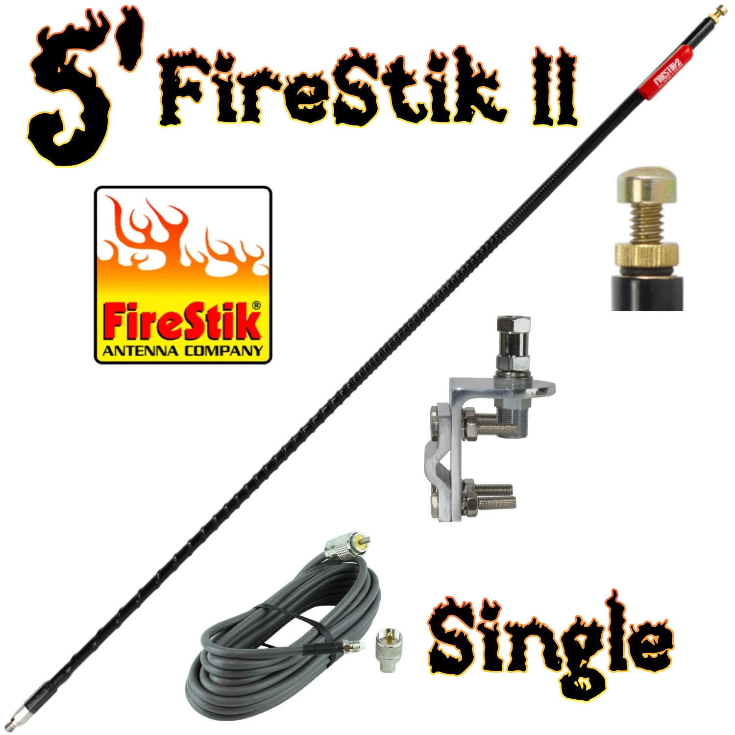 Complete CB antenna system featuring a 5 foot Firestik antenna (black), mirror mount, and 18 foot coax with removable pl-259 connector