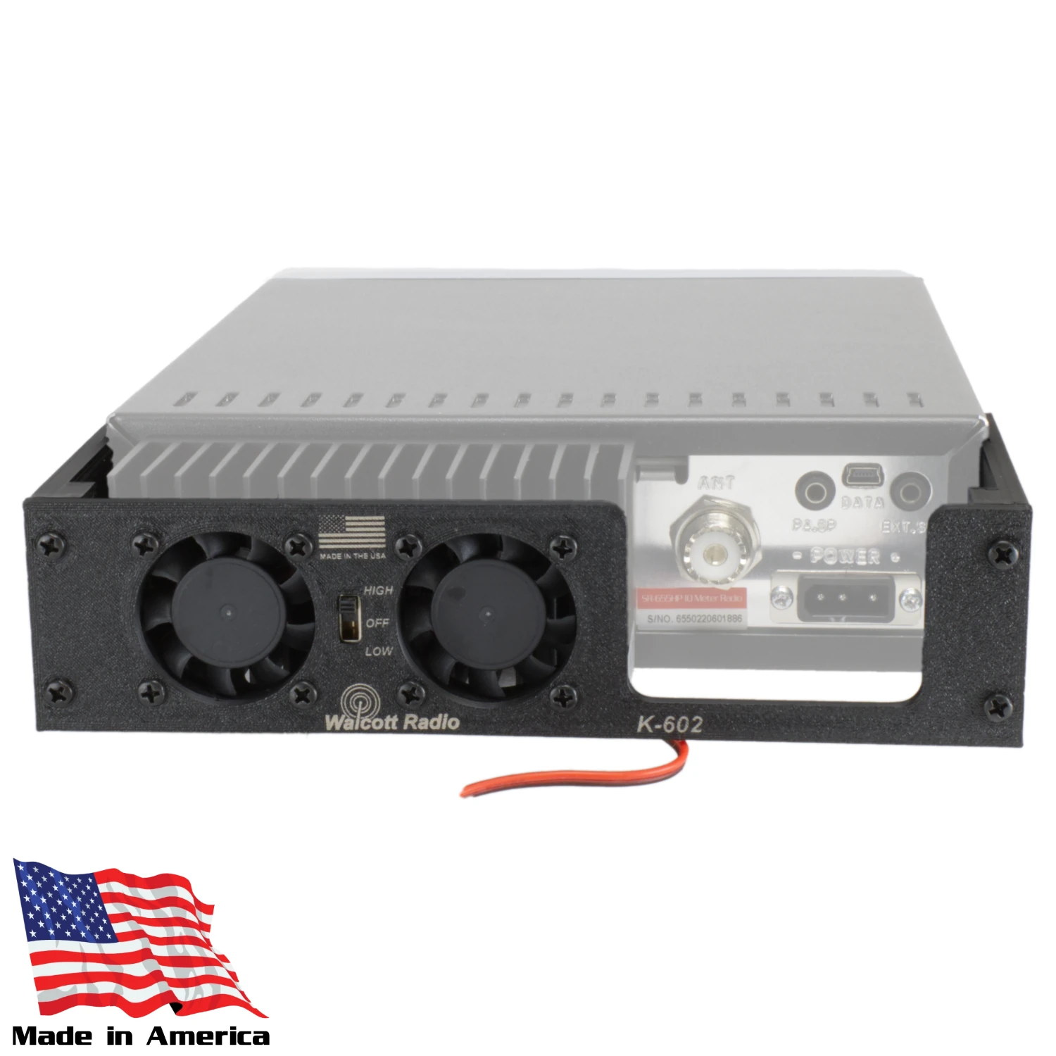 Walcott Radio K-602 dual cooling fan heatsink attachment on the back of a Stryker radio