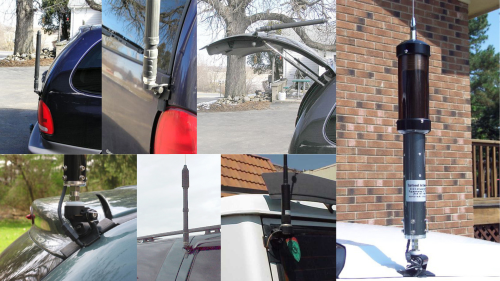 multiple installation photos of the diamond k400 shown with large screwdriver ham radio antennas