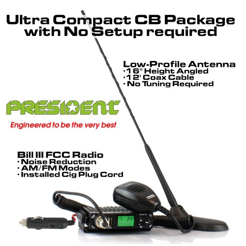 president bill iii fcc cb radio package with compact magnetic antenna, cable, and auxiliary or cigarette lighter power cord