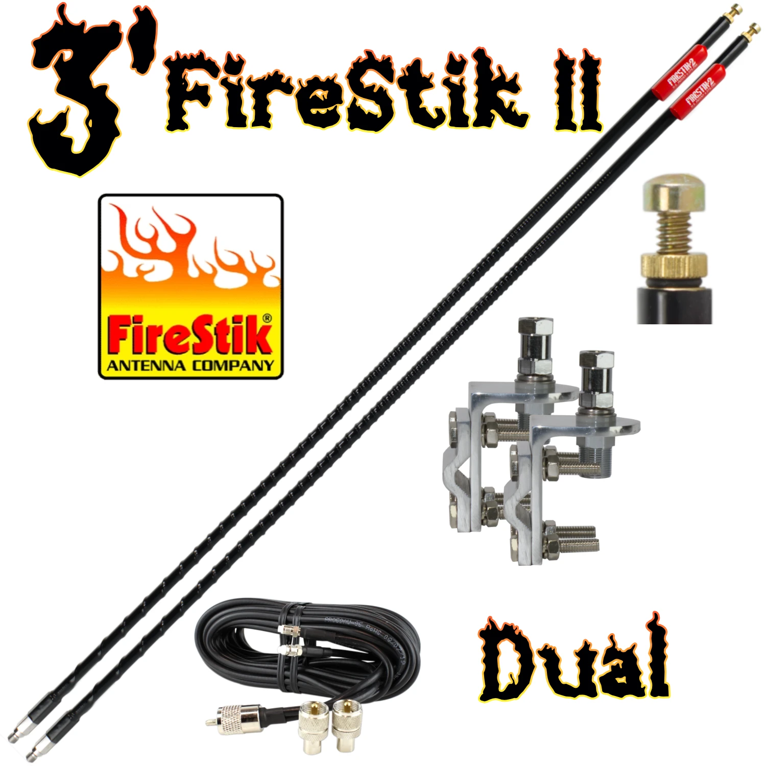 Dual CB antenna kit featuring two 3 Firestik antennas (black), two mirror mounts, and an 18 co-phase cable with removable pl-259s