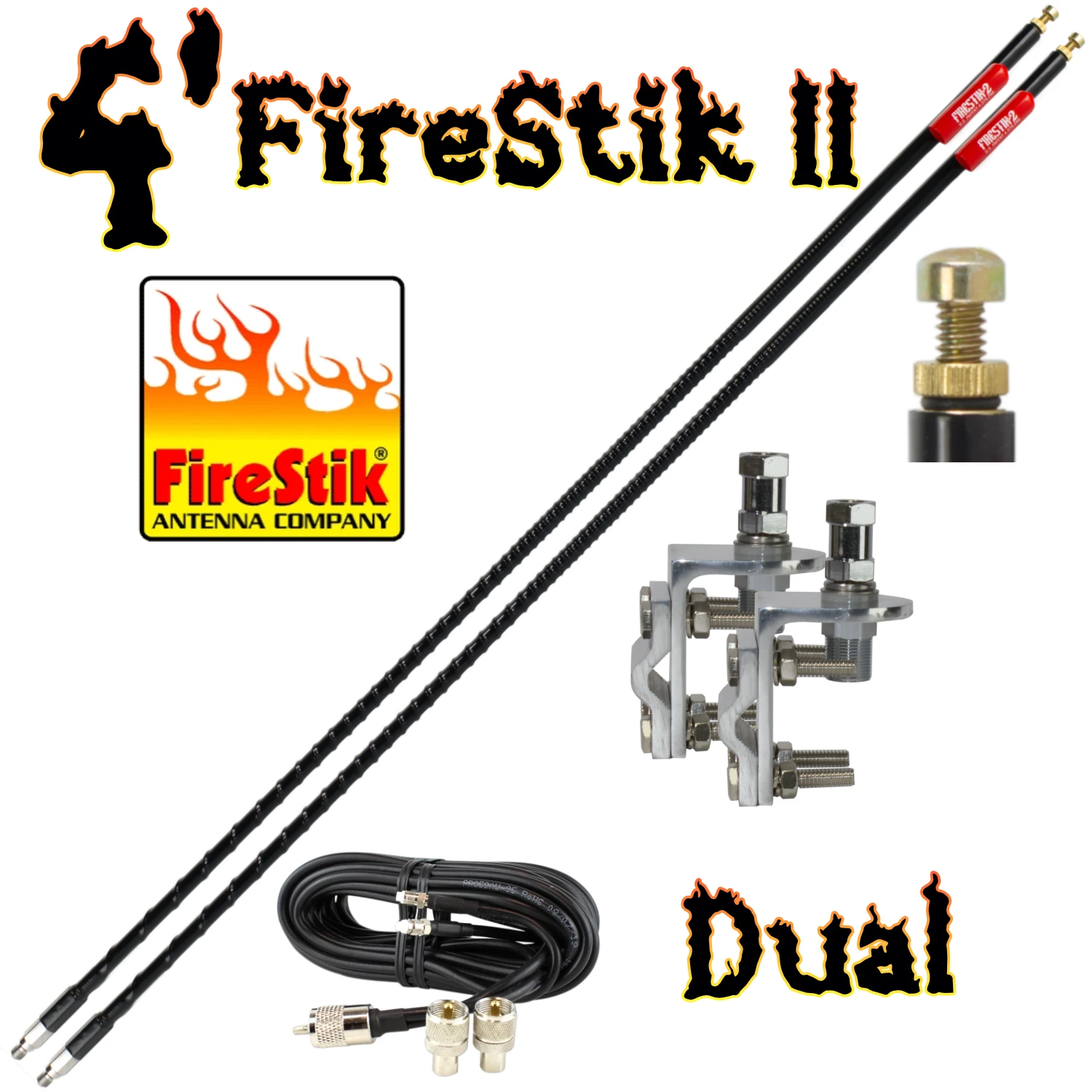 Dual CB antenna kit featuring two 4 Firestik antennas (black), two mirror mounts, and an 18 co-phase cable with removable pl-259s
