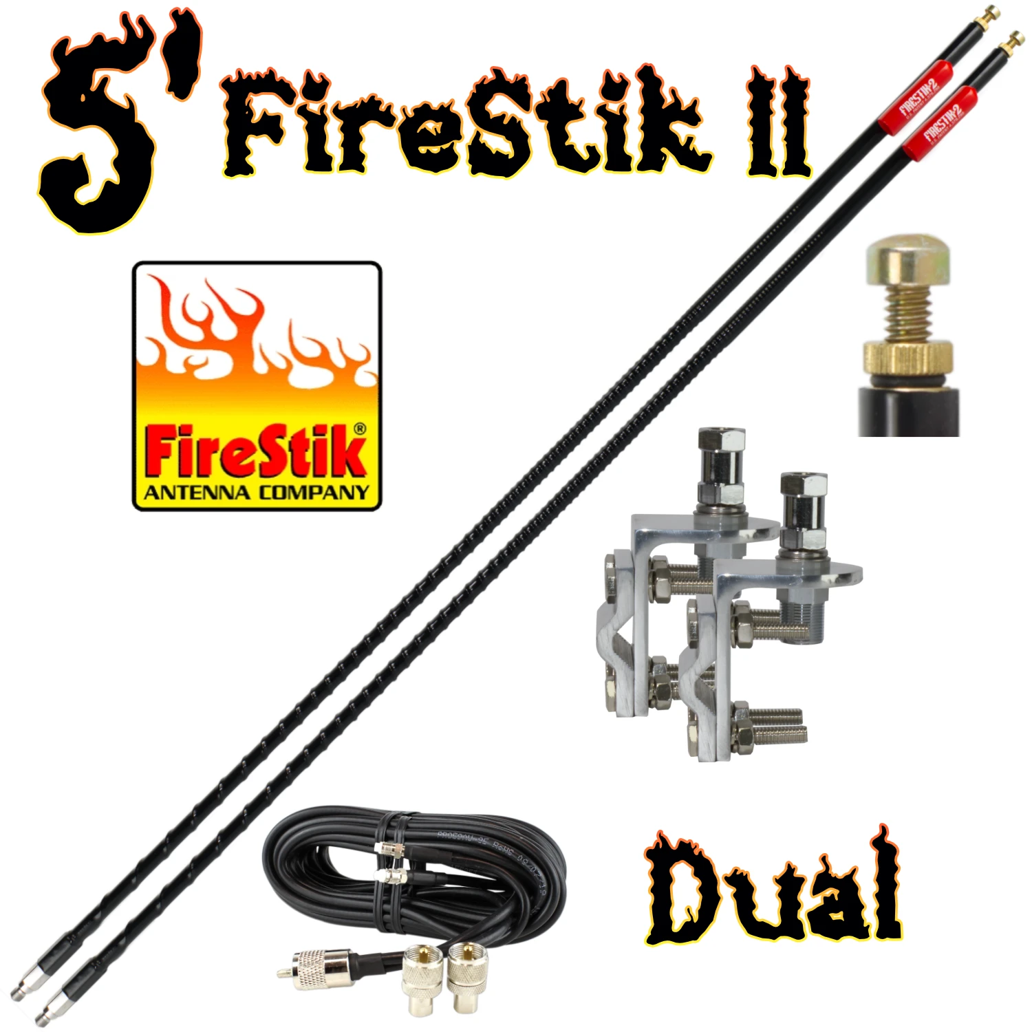 Dual CB antenna kit featuring two 5 Firestik antennas (black), two mirror mounts, and an 18 co-phase cable with removable pl-259s