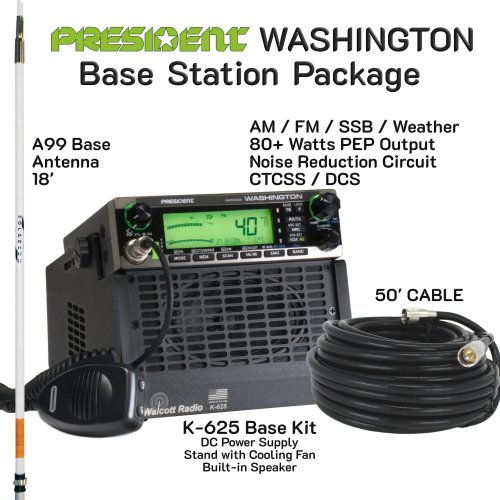 complete base station kit featuring the president washington radio, custom powered radio dock, a99 antenna, and a 50 coax cable