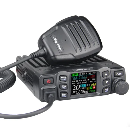 Three quarter view of an Anytone AT-5000 compact CB radio with AM/FM/USB/LSB modes with a microphone sitting on top