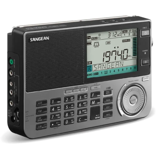 Sangean ATS-909X2 left side view showing the Aux input, external antenna connection, and power jack