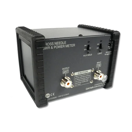 back of the Daiwa CN-901HP SWR & power meter showing the antenna connections, PEP hold switch, on/off light switch, and DC power jack