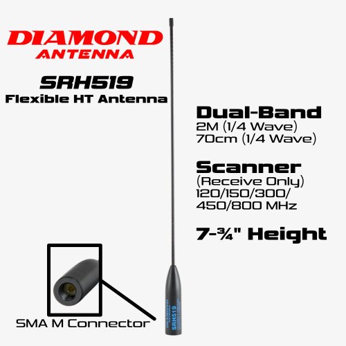 Infographic for a Diamond SRH519 dual-band flexible HT antenna with SMA Male connector
