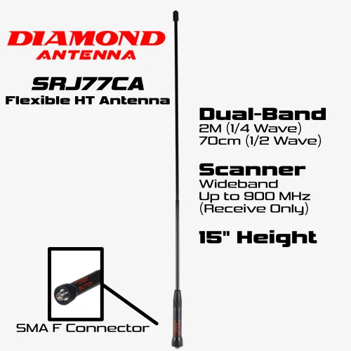 Infographic for Diamond Antenna SRJ77CA dual-band HT antenna with SMA Female Connector
