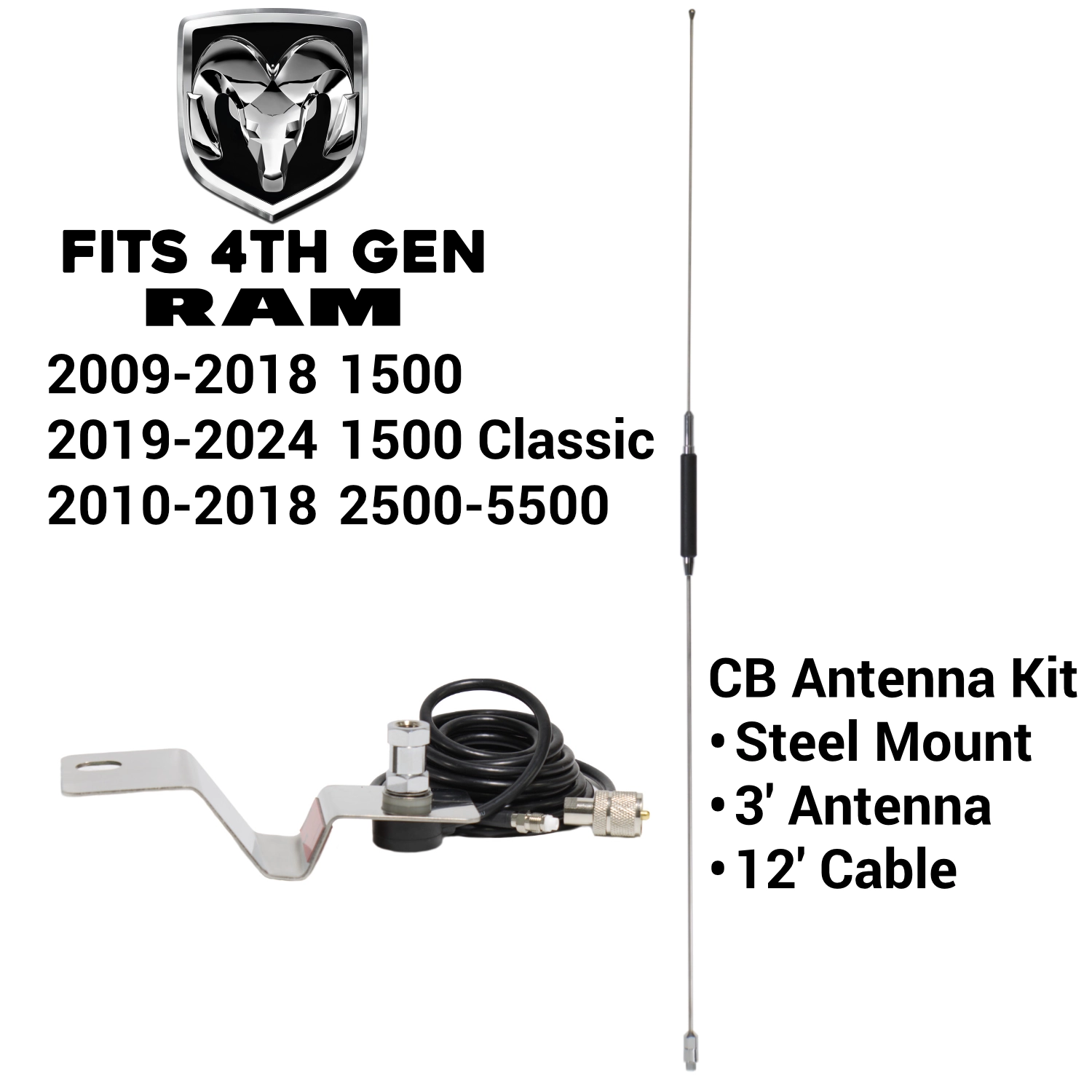 cb antenna kit for fourth gen ram trucks with steel mount, antenna, and cable