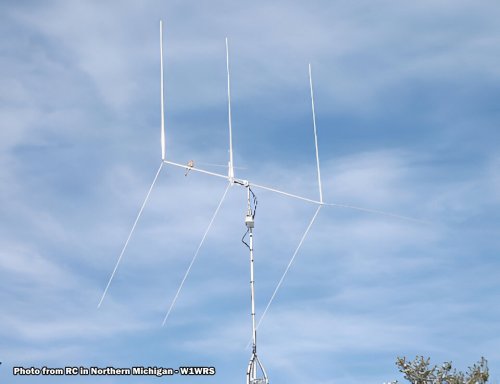 Gizmotchy G35 3 Element CB Base Antenna with cloudy sky in the background - Photo credit RC in Northern Michigan - W1WRS