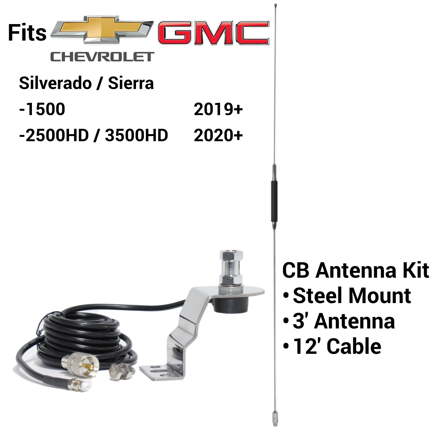 cb antenna package for 2019+ chevy silverado / gmc sierra with mounting bracket, cable, and 3 metal CB antenna