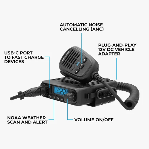 Infographic of the features of the Midland MXT115P radio including noise cancelation,  NOAA weather scan, and USB-C connection