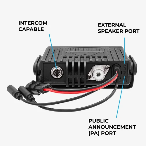Back of the Midland MXT115P GMRS two way radio showing the antenna connector, power cord, external speaker / PA speaker plugs, and intercom connection