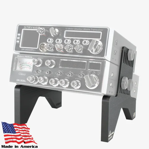 Dual CB radio desk stand holding two mobile radios stacked for base station use