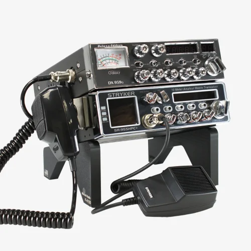 Dual radio stands holding a CB and 10 Meter radio