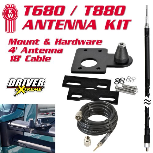 Complete CB antenna kit for Kenworth T680 / T880 semi trucks and includes heavy duty mount, coax cable, and 4 antenna