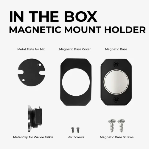 What's included in the box? Metal mic plate, magnetic base cover, magnetic base, metal clip for walkie talkies, and screws