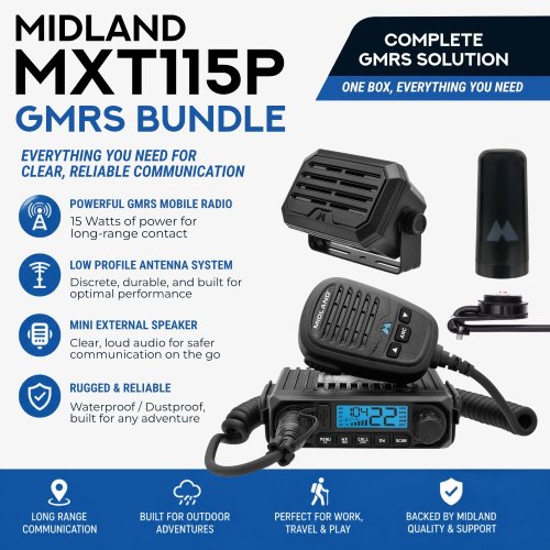 Bundle of Midland MXT115P GMRS radio, lip mount with cable, low profile Ghost antenna, and mini speaker