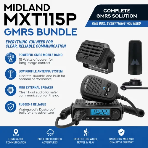 Bundle of Midland MXT115P GMRS radio, lip mount with cable, low profile Ghost antenna, and mini speaker