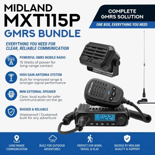 Bundle of Midland MXT115P GMRS radio, lip mount with cable, high gain MXTA26 antenna, and mini speaker