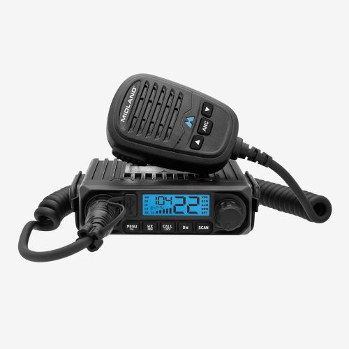 Midland MXT115P Pro GMRS two-way radio with large blue display and noise canceling mic