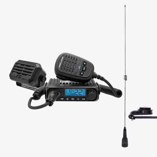 Bundle of Midland MXT115P GMRS radio, lip mount with cable, high gain MXTA26 antenna, and mini speaker