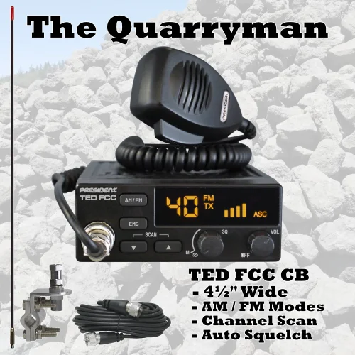 Quarryman CB radio package with ultra compact President Ted CB, pre-tuned antenna, mirror mount, and cable