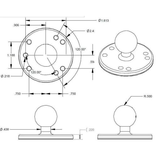 ram-b-202u Ram Mount Dimensions for Round base for 1 inch ball