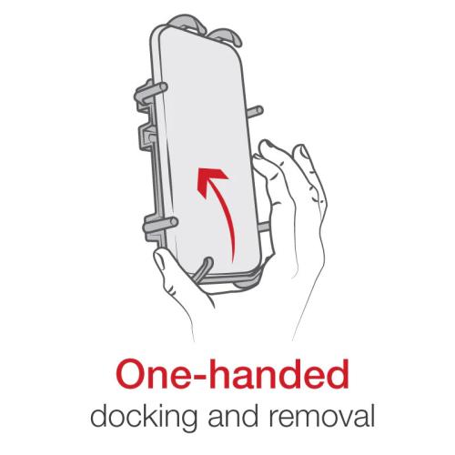 illustration showing one handed docking & removal of a phone from a holder