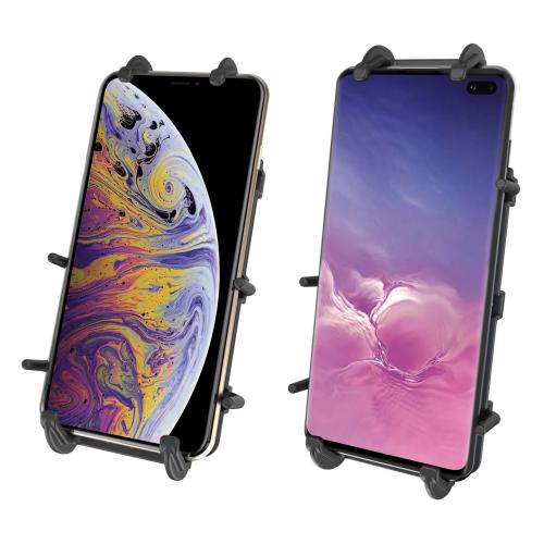adjustable arm locations of 2 large cell phones in RAM quick grip holders