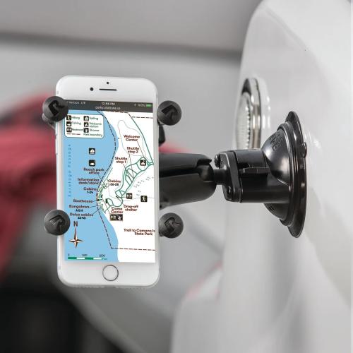 iphone showing directions attached to cell phone holder suction cup base